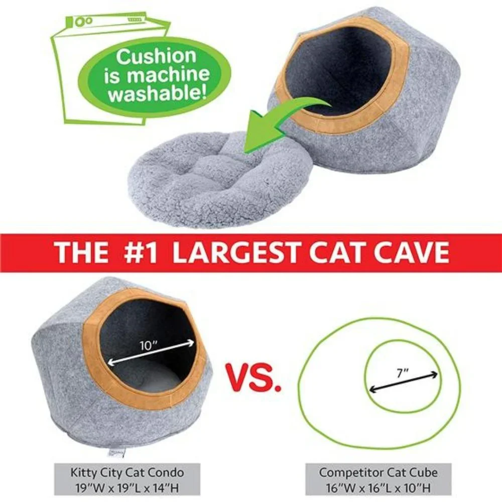 Kitty City Felt Round Bed, Warm and Cozy cat Bed, Gray